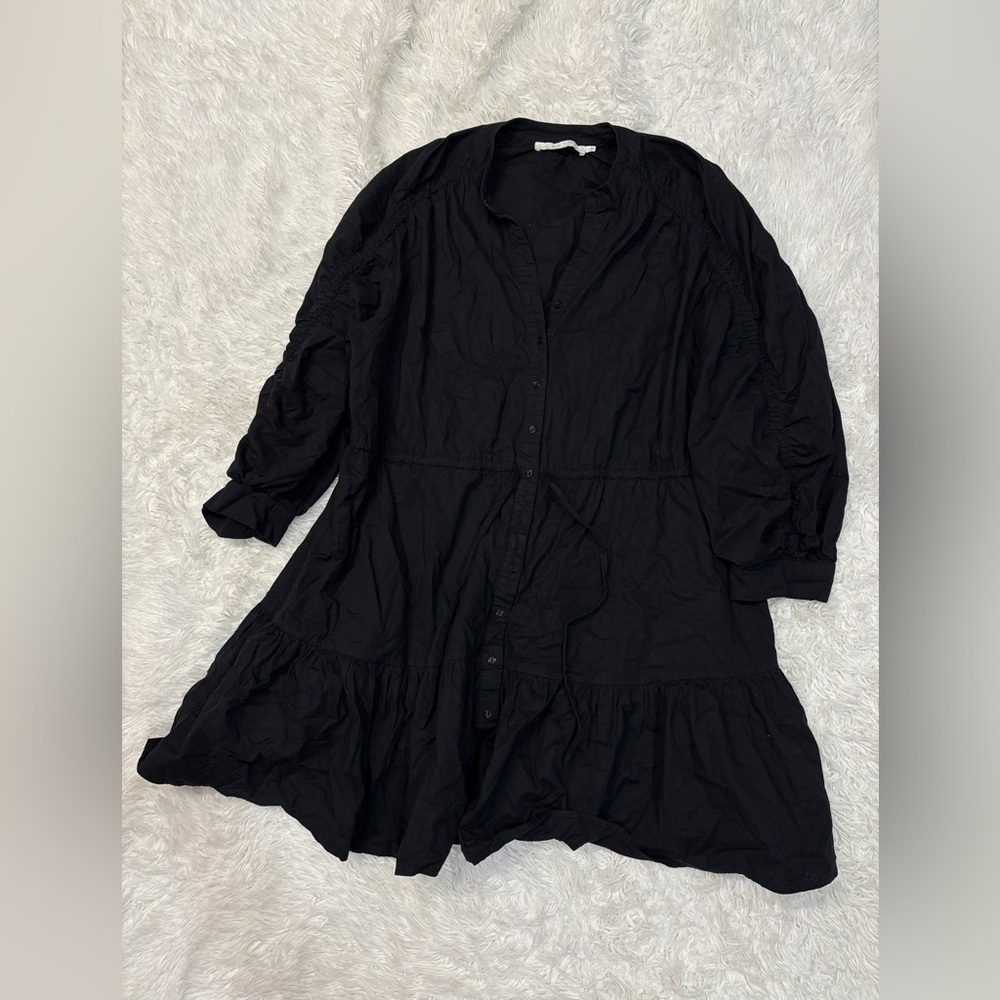 ASTR the Label Ruched Shirt Dress Cotton Button Up Mini Tie Waist Black Ruffle - Picture 2 of 5